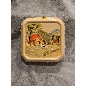 Vintage Ceramic Farmhouse Scene Jello Mold Cow Square Basketweave  Japan 7" X 7"